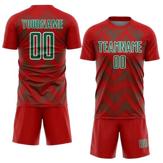 Benutzerdefiniertes Sublimations-Fußballtrikot mit roter Kelly-Grün-Weiß-Linie Benutzerdefiniertes Sublimations-Fußballtrikot mit roter Kelly-Grün-Weiß-Linie