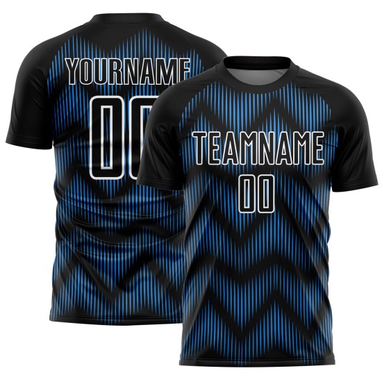 Benutzerdefiniertes Sublimations-Fußballtrikot in Schwarz-Pulverblau mit weißer Linie Benutzerdefiniertes Sublimations-Fußballtrikot in Schwarz-Pulverblau mit weißer Linie